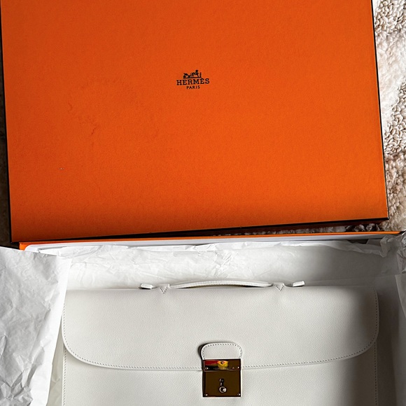 Hermes Quirus II White Leather Box Briefcase Men Women work laptop satchel - Picture 5 of 12